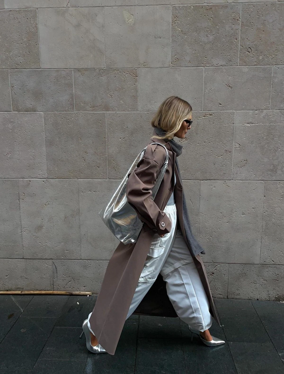 Brown Trench Coat Outfit with Grey Scarf Wide-Leg Trousers