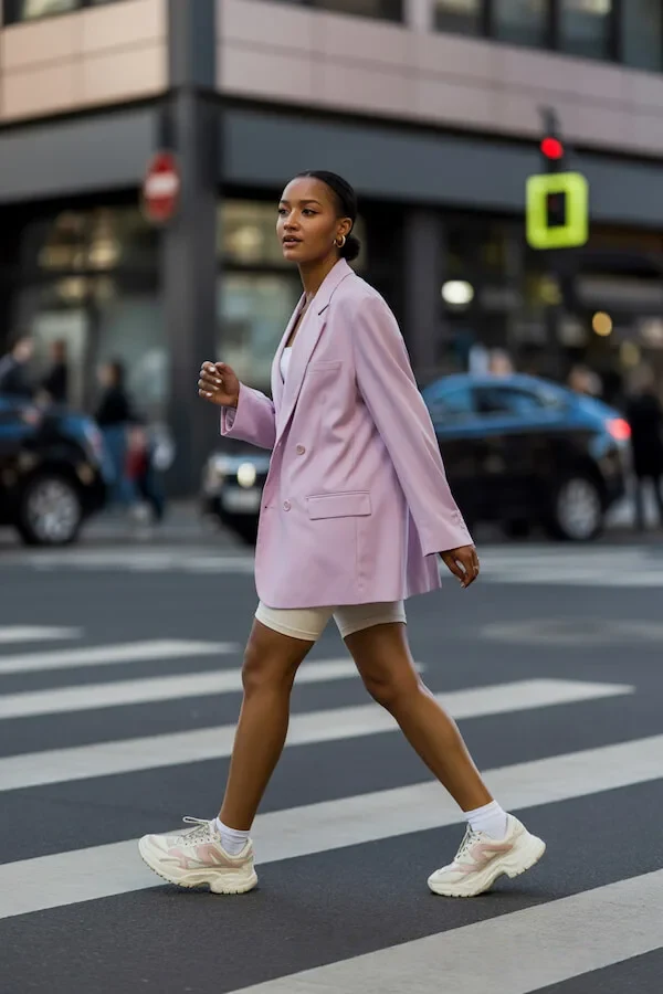 Lilac Oversized Blazer with Cream Shorts and Chunky Sneakers
