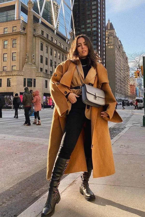 Camel Wool Coat Outfit with Black Turtleneck and Trousers