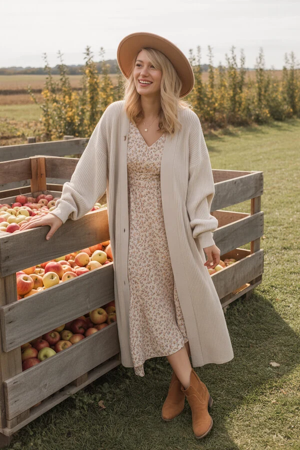 Cream Ribbed Cardigan Coat Outfit with Floral Midi Dress