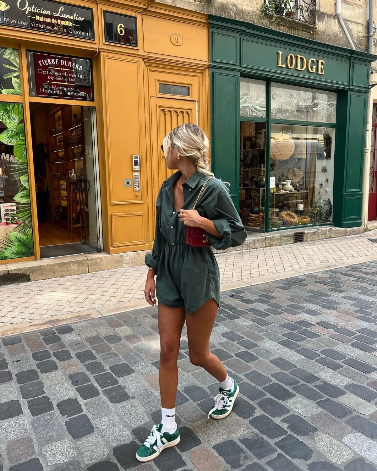 Forest Green Linen Co-Ord Outfit with White Sneakers