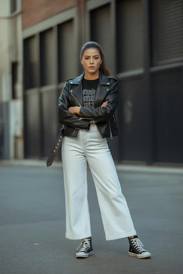Black Leather Jacket White Wide-Leg Jeans Outfit