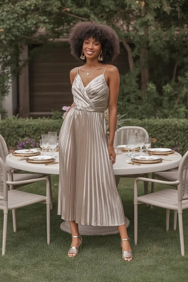 Champagne Pleated Wrap Midi Dress with Strappy Metallic Sandals