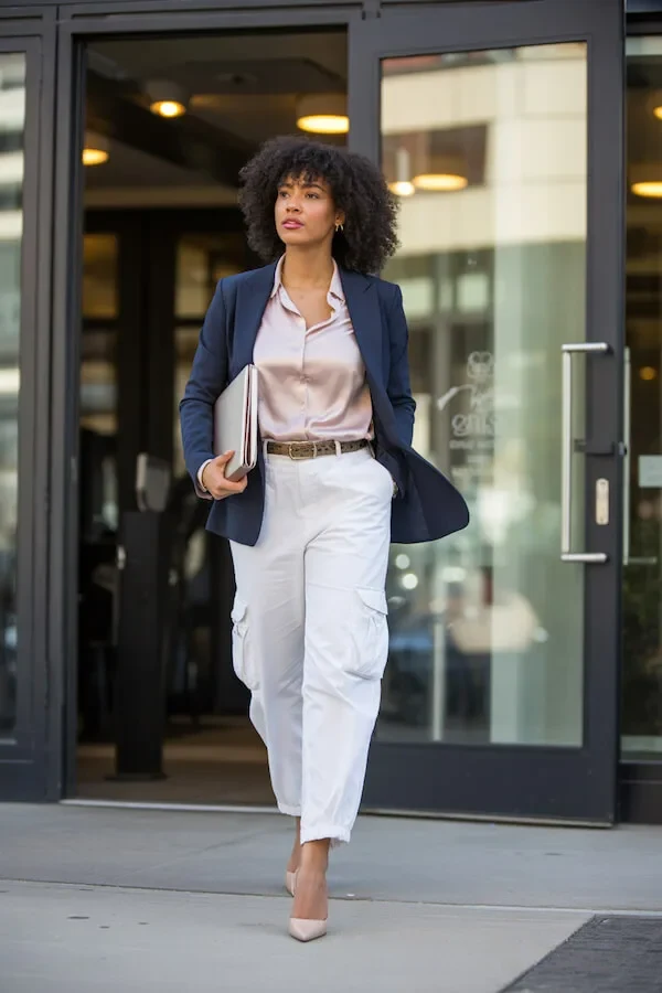 Navy Blazer White Cargo Trousers Blush Silk Blouse Work Outfit
