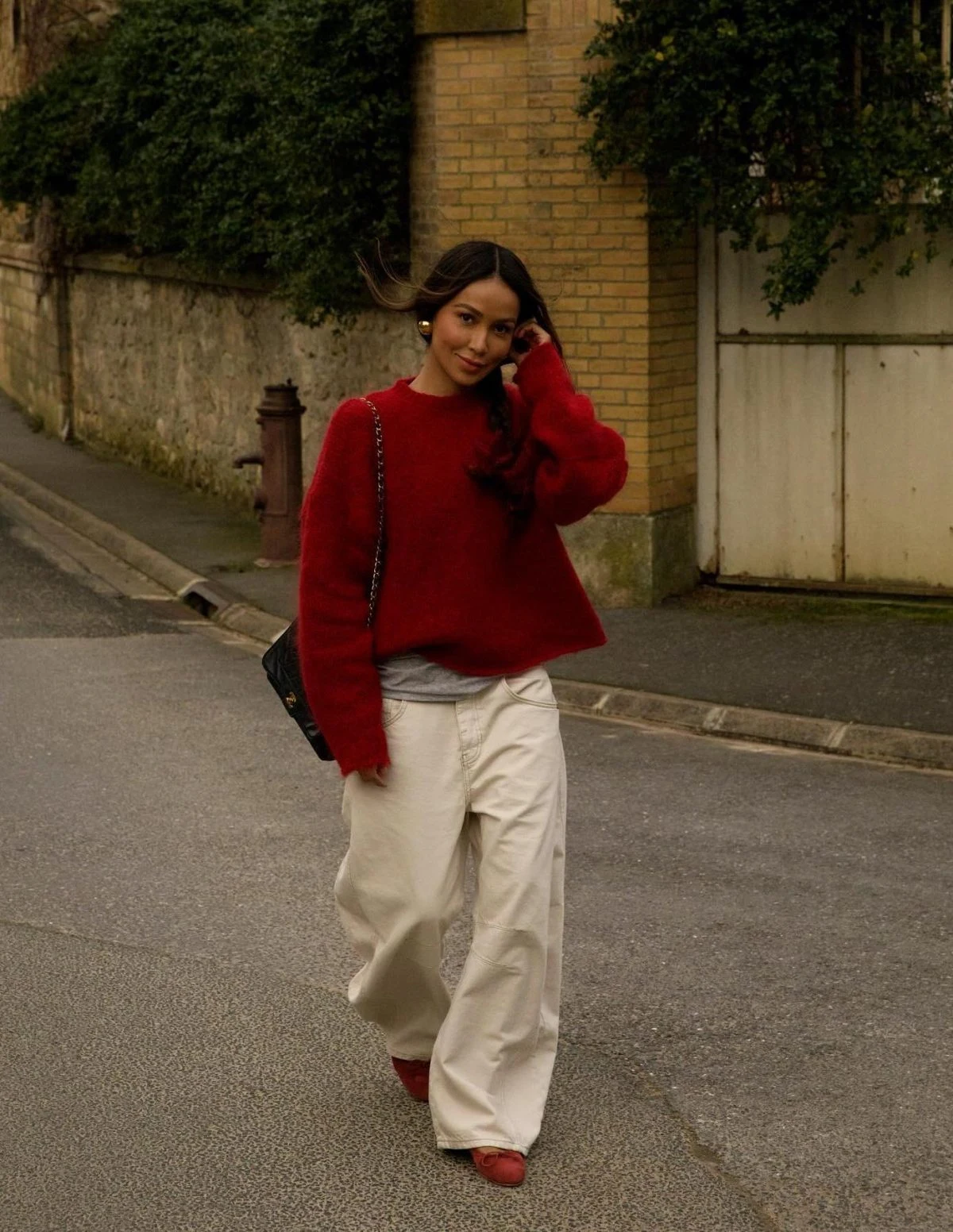 Red Oversized Sweater Outfit with Wide-Leg Trousers