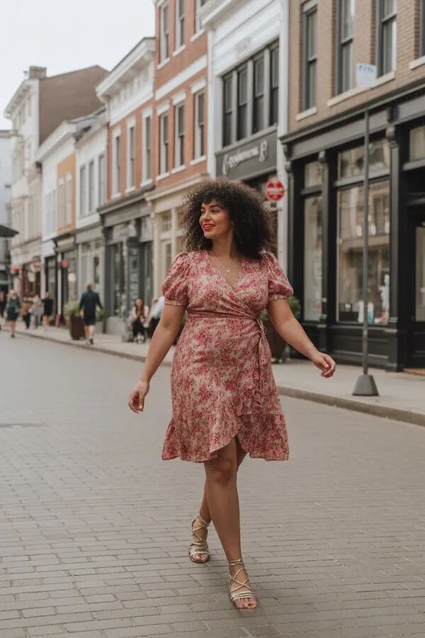 Pink Floral Wrap Dress with Puff Sleeves and Lace-Up Sandals