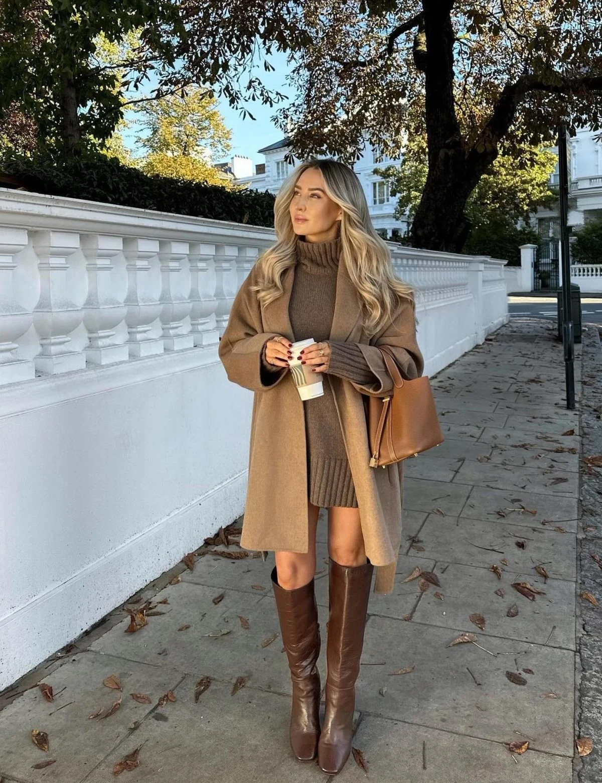 Camel Coat Taupe Knit Dress Brown Boots Outfit