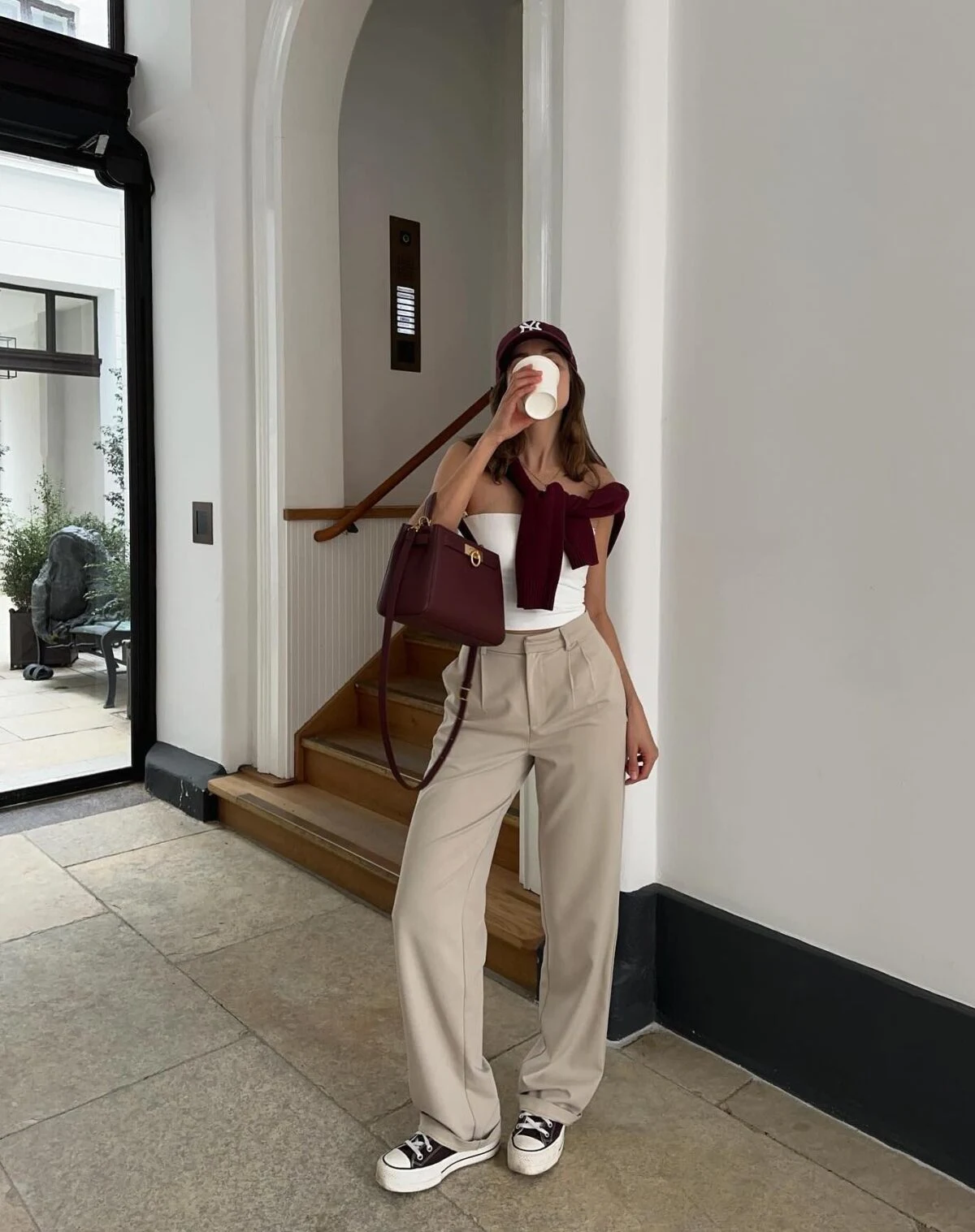 Burgundy Cardigan Beige Wide-Leg Trousers Outfit