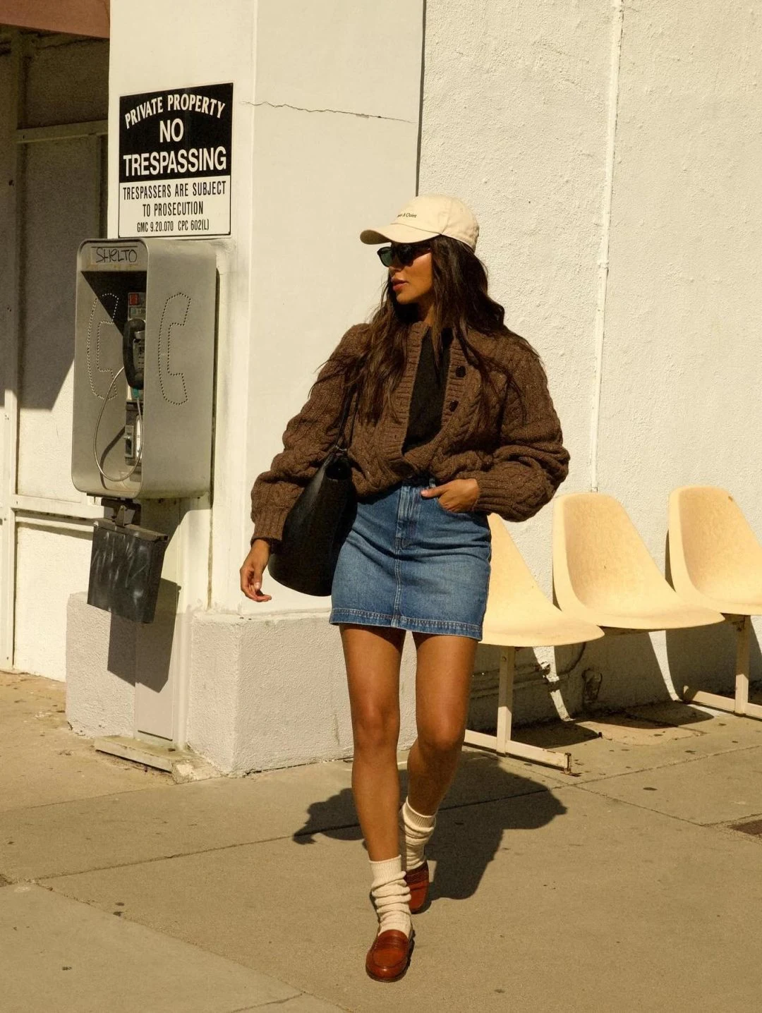 Brown Cable Knit Cardigan Denim Skirt Outfit