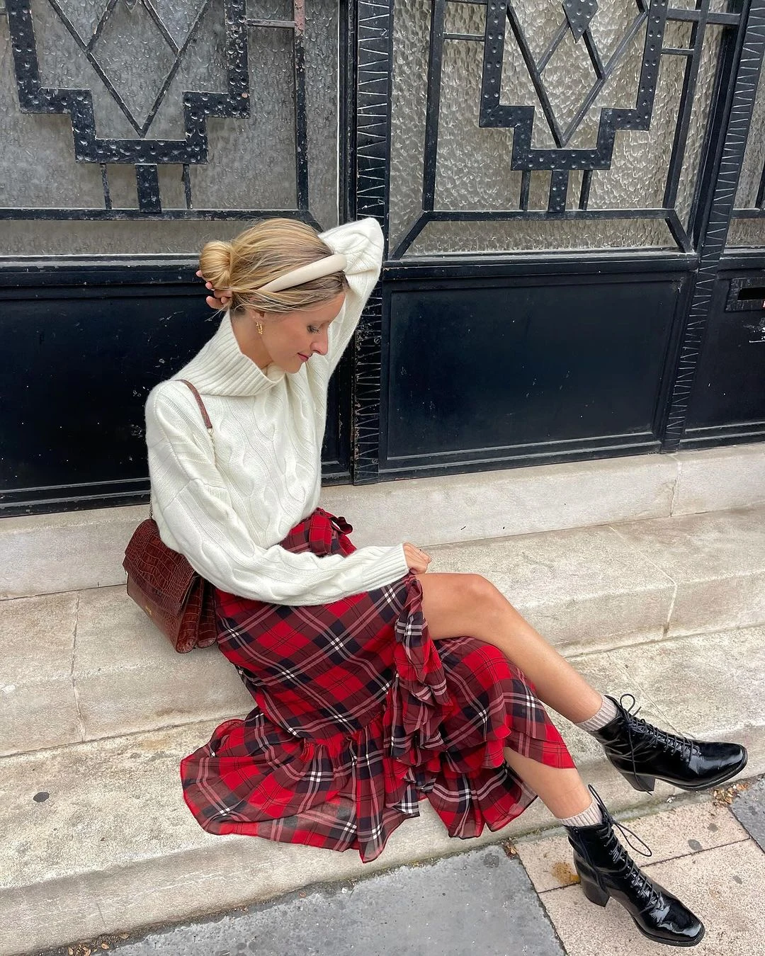 Cream Cable Knit Sweater Red Tartan Skirt Outfit