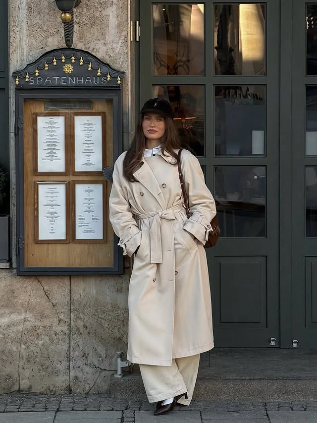 Cream Trench Coat Outfit with Wide-Leg Trousers