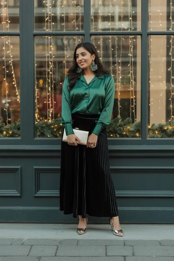 Emerald Green Silk Shirt Black Wide-Leg Trousers Evening Outfit