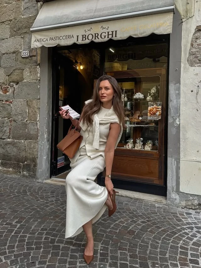 Cream Knit Co-Ord with Brown Leather Bag and Heels