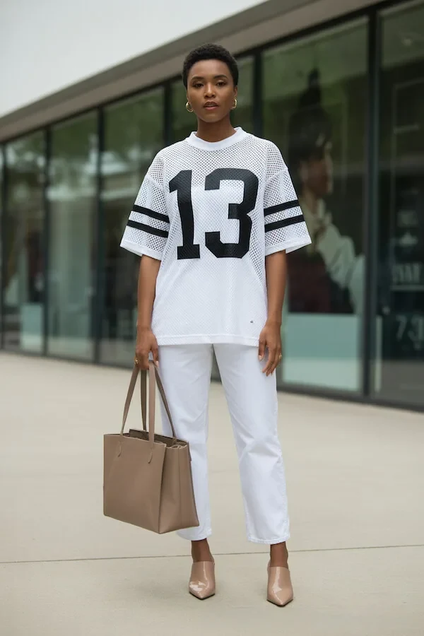 White Mesh Jersey Top with White Jeans and Taupe Accessories