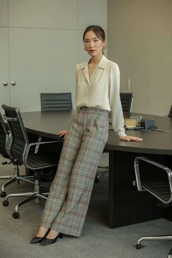 Cream Collared Blouse with Check Wide-Leg Trousers Office Look