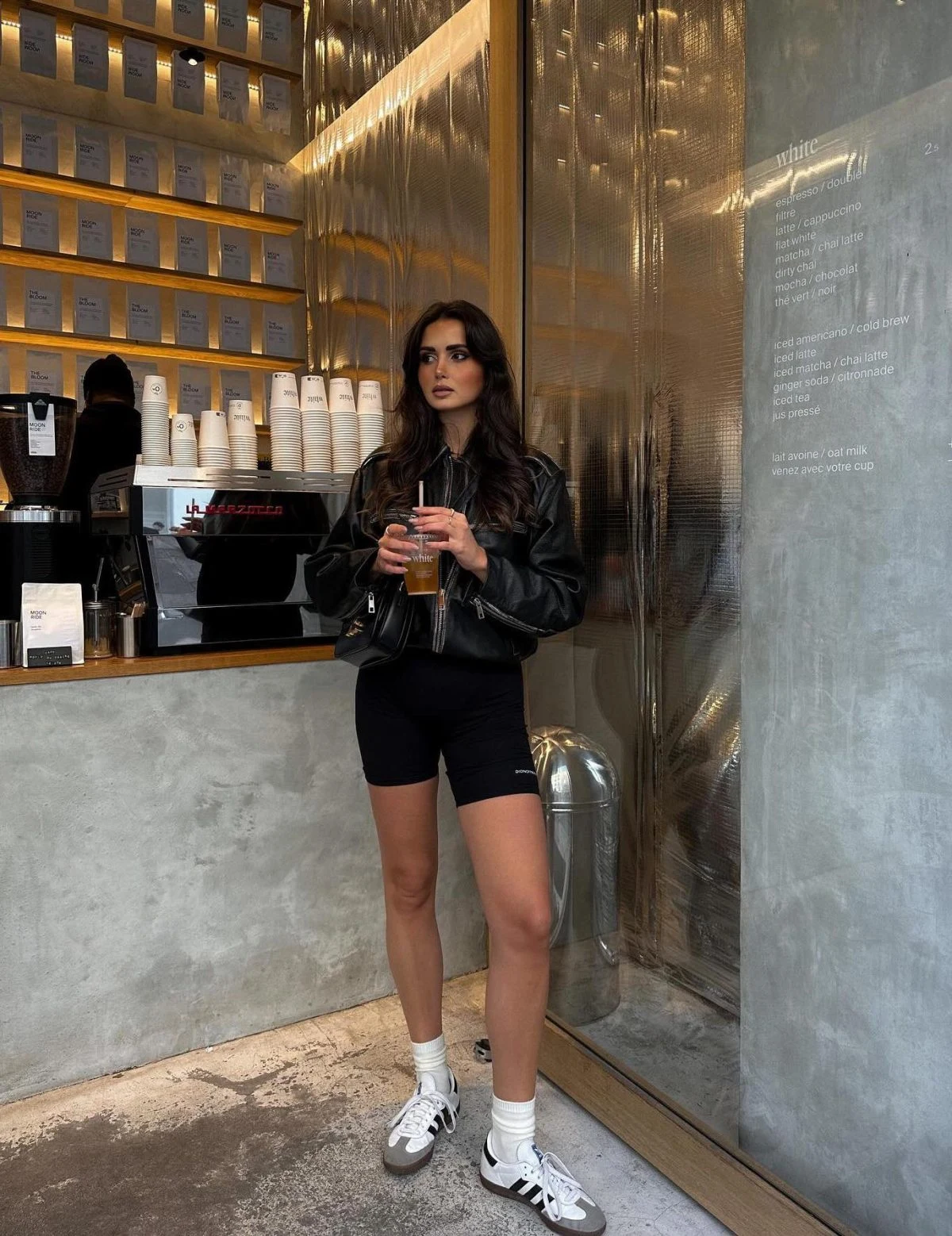 Black Leather Bomber Jacket Outfit with Cycling Shorts