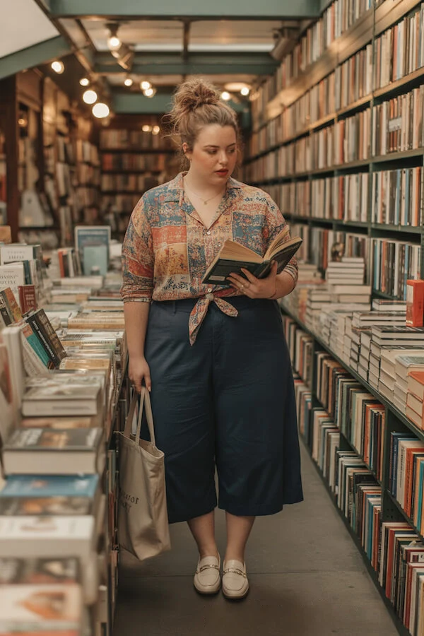 Printed Silk Shirt Navy Culottes Outfit with Loafers