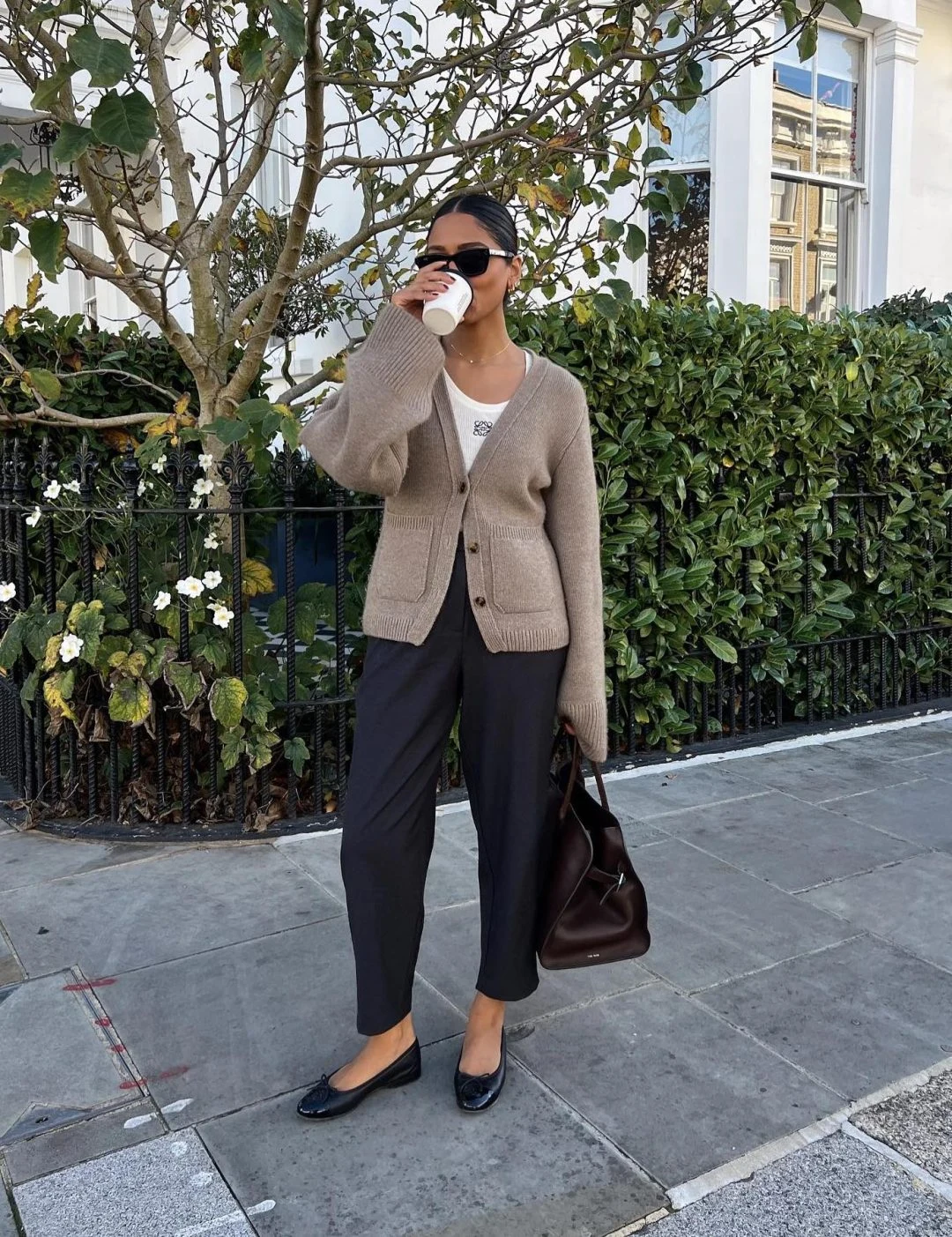 Taupe Cardigan Black Trousers Ballet Flats Outfit