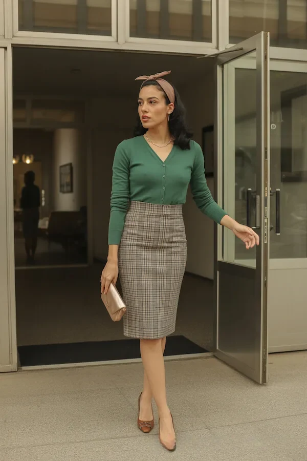 Green Cardigan Check Pencil Skirt Vintage Office Look