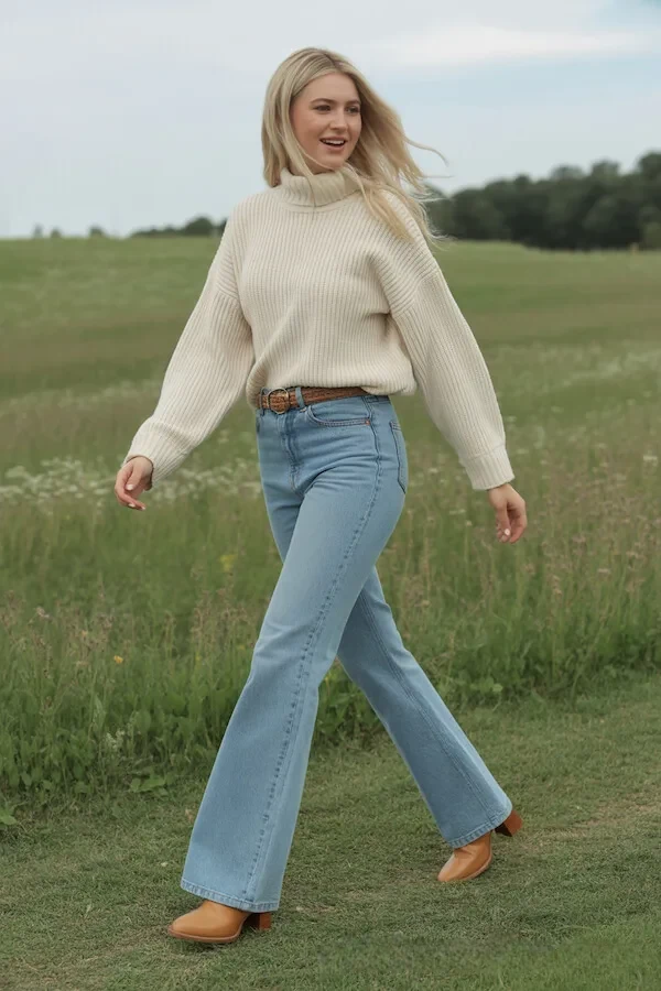 Cream Ribbed Turtleneck with Light Wash Flared Jeans and Brown Belt