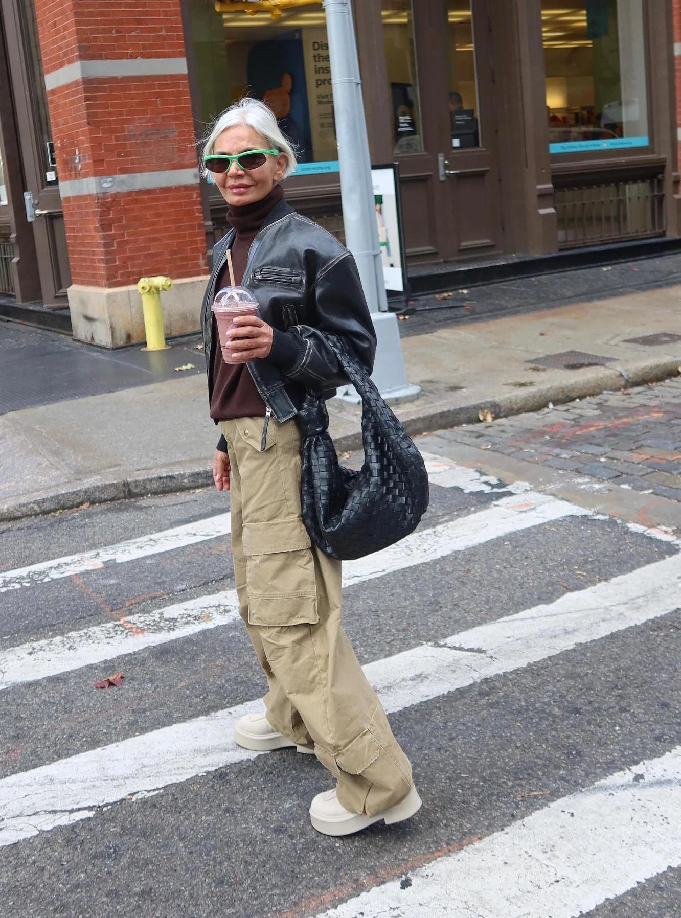 Black Leather Jacket Cargo Pants Outfit with Woven Bag