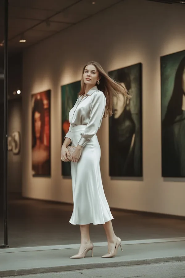 Ivory Satin Midi Skirt Outfit with Wrap Blouse