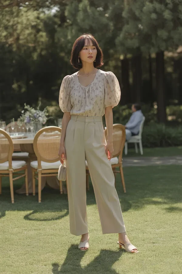 Cream Puff Sleeve Floral Blouse with Cream Wide-Leg Trousers