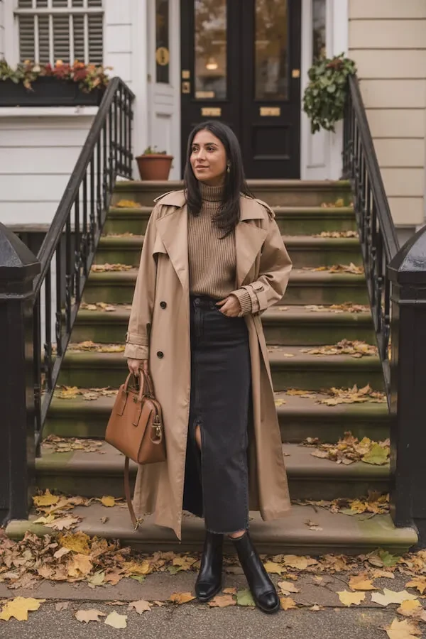 Camel Trench Coat with Ribbed Turtleneck and Black Leather Skirt