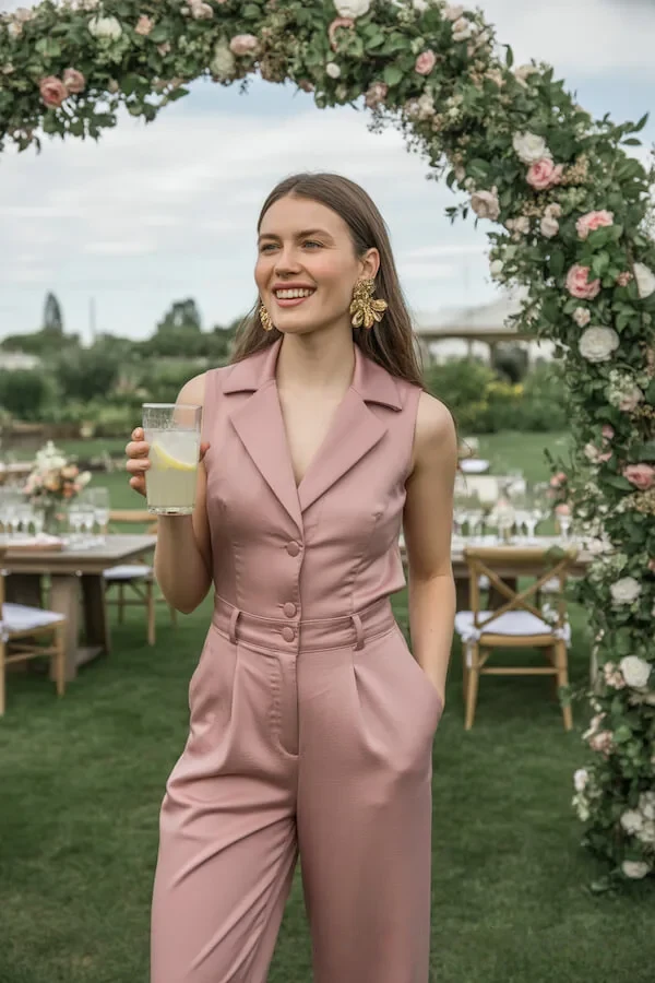 Dusty Rose Sleeveless Blazer Jumpsuit with Gold Statement Earrings
