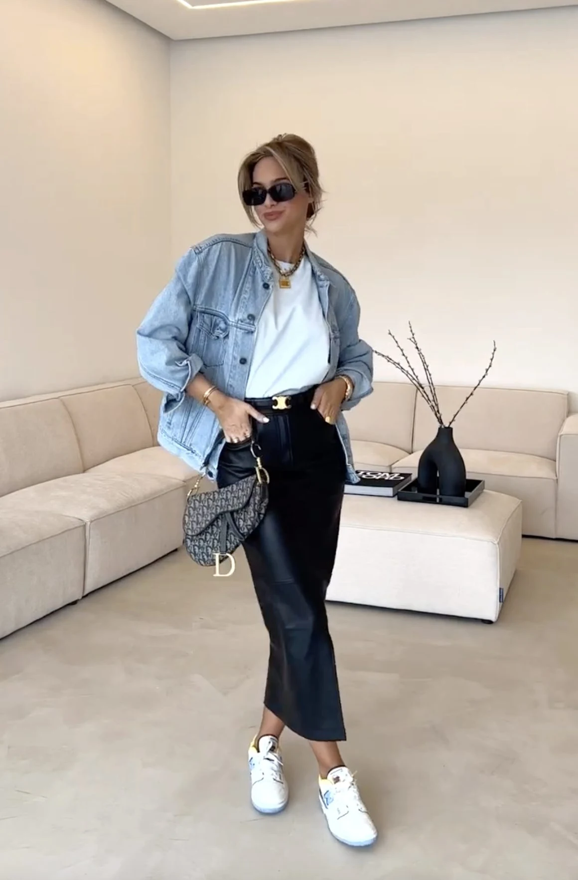 Oversized Denim Jacket Black Leather Midi Skirt Outfit