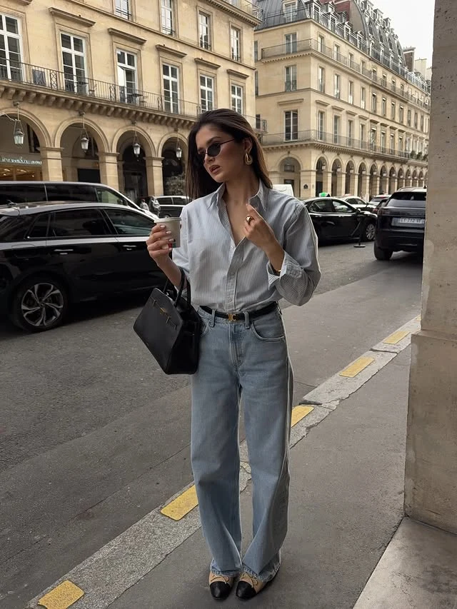 White Striped Shirt Wide-Leg Jeans Paris Street Outfit