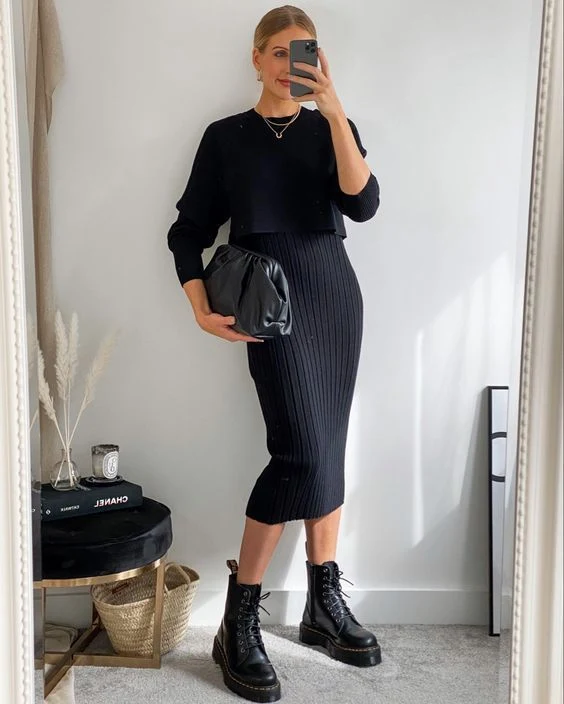 Black Ribbed Midi Skirt Outfit with Cropped Sweater