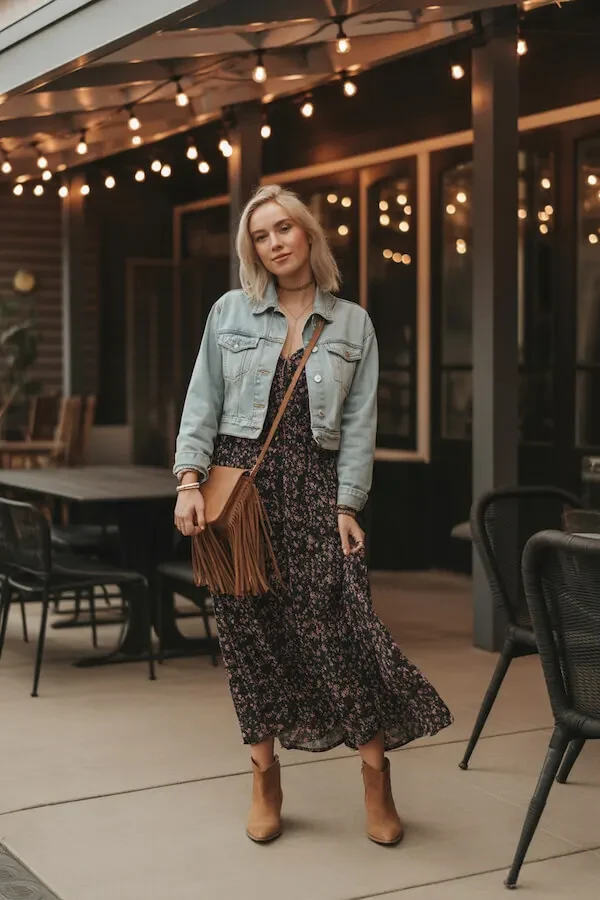 Light Wash Denim Jacket with Floral Midi Dress and Tan Boots
