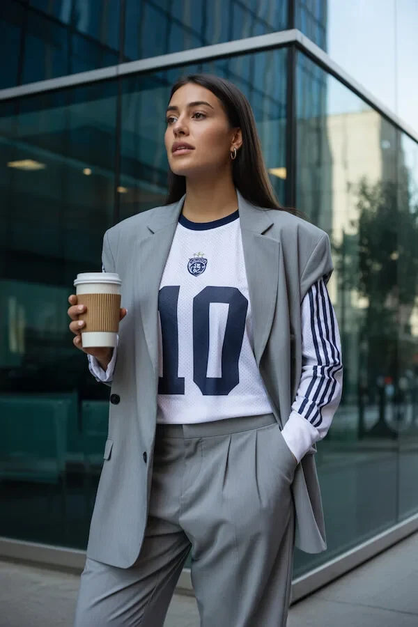 Gray Oversized Suit with Striped Athletic Jersey City Outfit