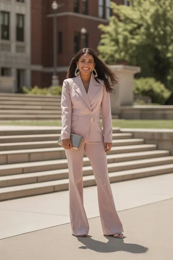 Blush Pink Double-Breasted Blazer Suit with Wide-Leg Trousers
