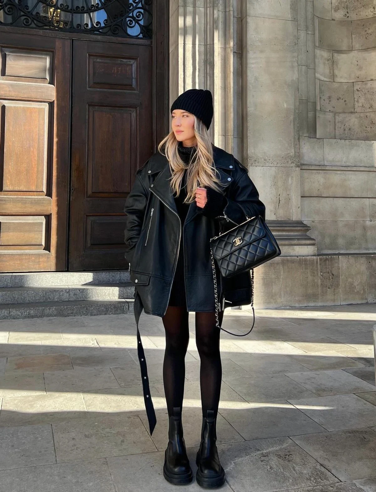 Black Leather Moto Jacket Outfit with Mini Skirt