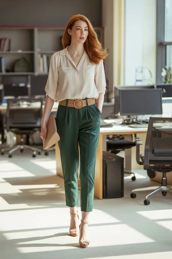 Cream Silk Blouse and Green Pleated Trousers with Tan Belt