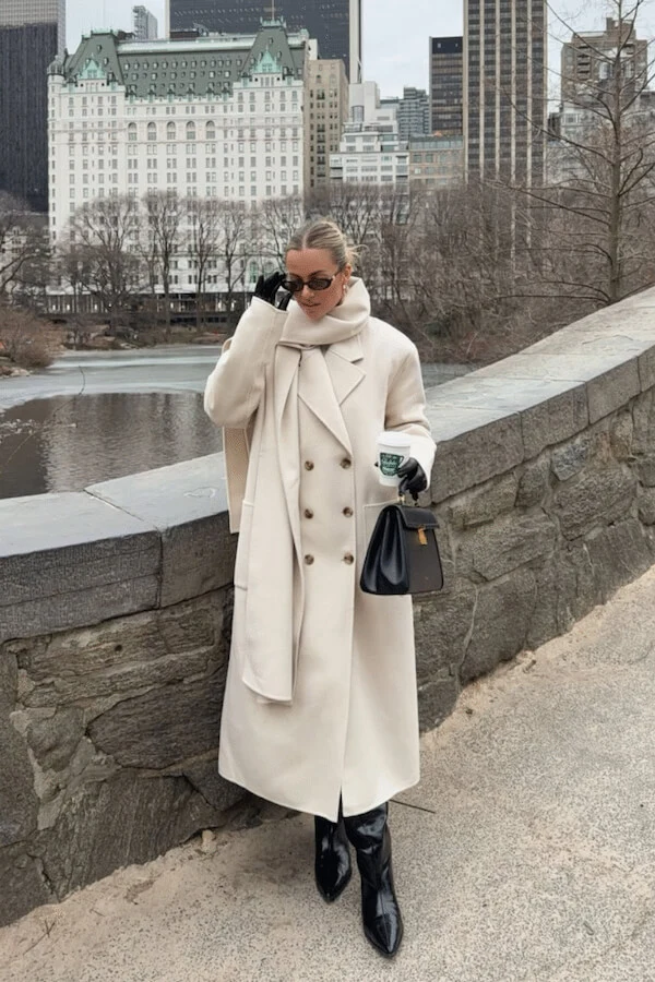 Cream Wool Coat Outfit with Black Patent Boots