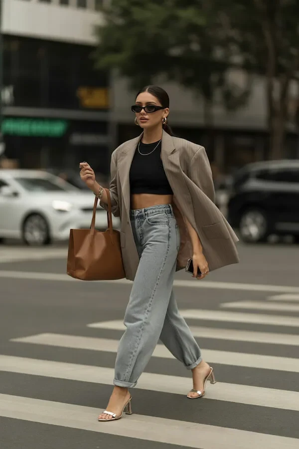 Oversized Beige Blazer with Black Crop Top and Light Wash Jeans