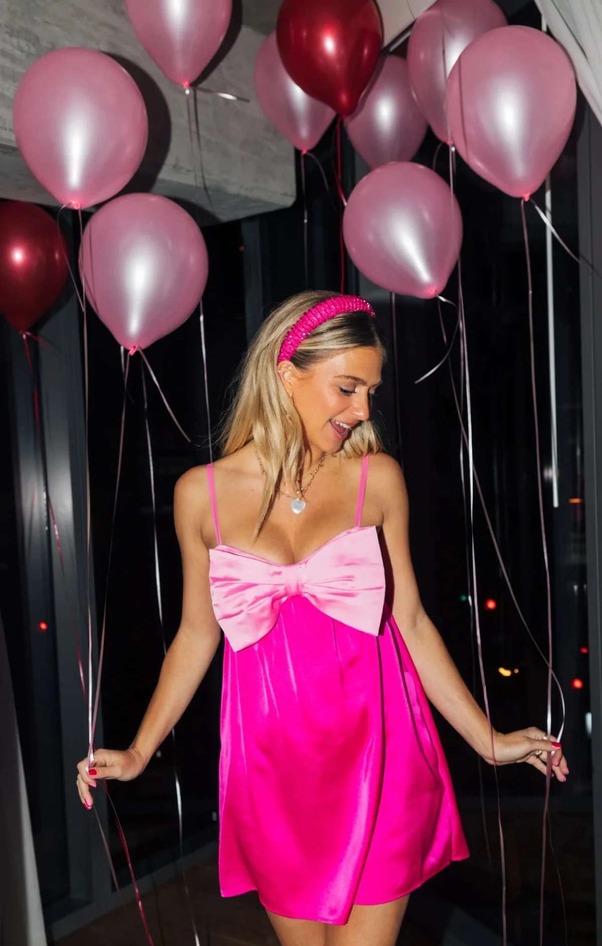 Hot Pink Satin Mini Dress with Bow