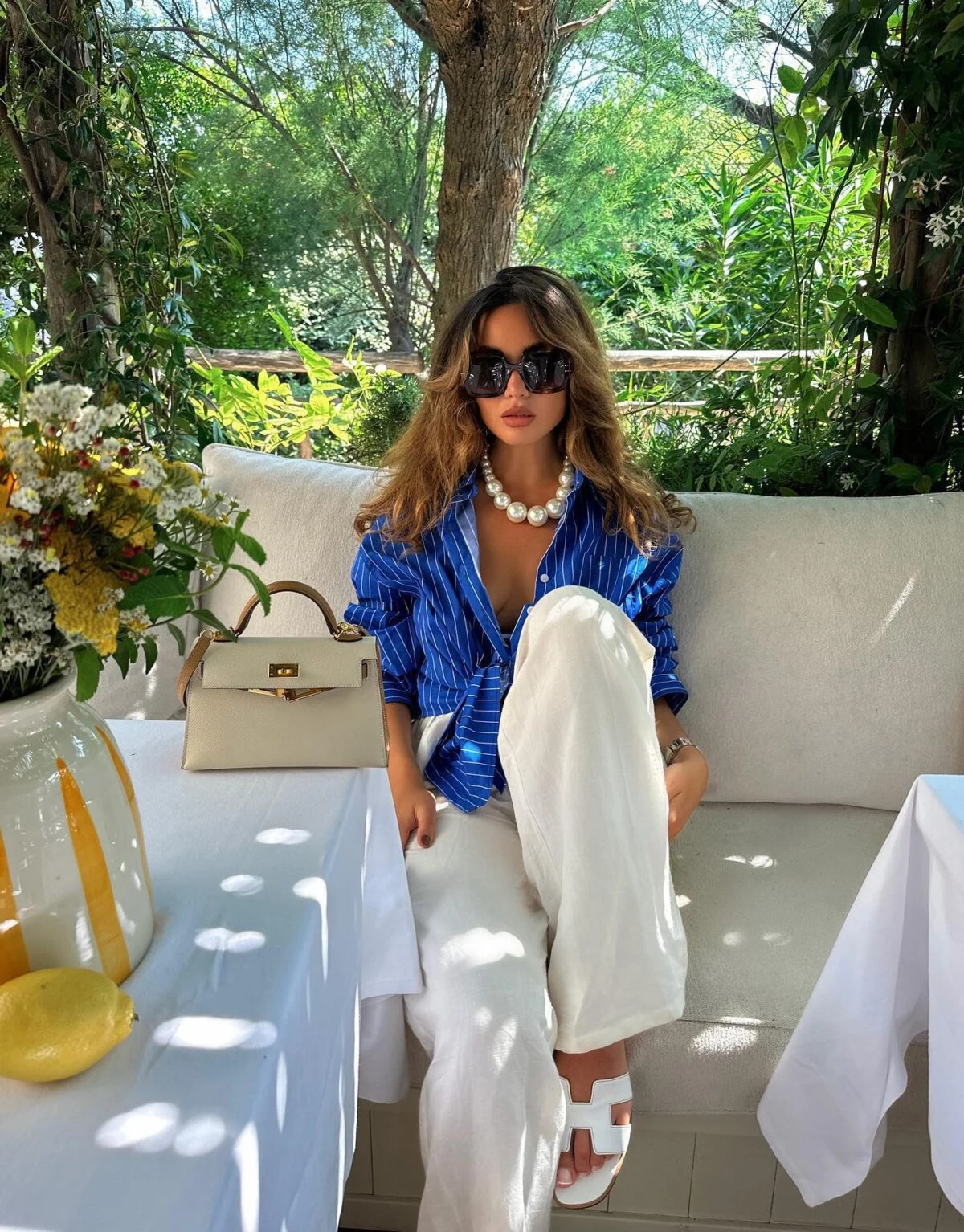 Blue Pinstripe Shirt White Wide-Leg Trousers Outfit