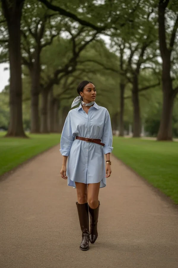 Light Blue Oversized Shirt Dress with Brown Riding Boots