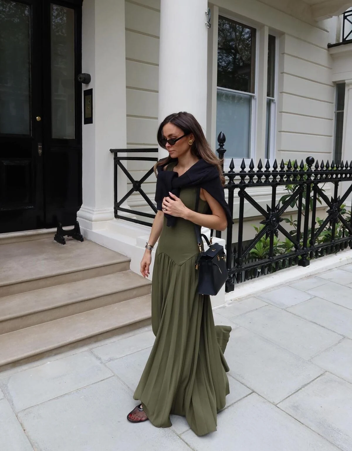 Olive Green Maxi Dress with Black Blazer Drape