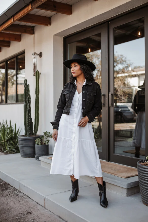 Black Denim Jacket White Dress Outfit with Hat