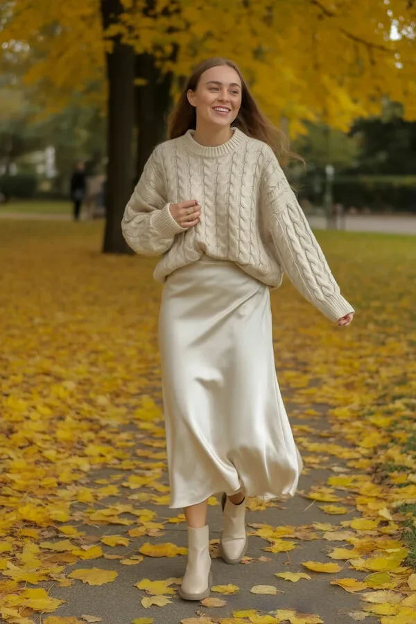 Cream Cable Knit Sweater Silk Slip Skirt Fall Outfit