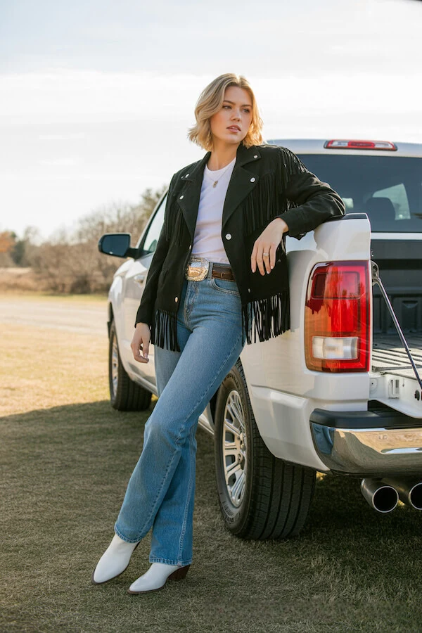 Black Fringe Leather Jacket with Blue Flare Jeans and White Boots