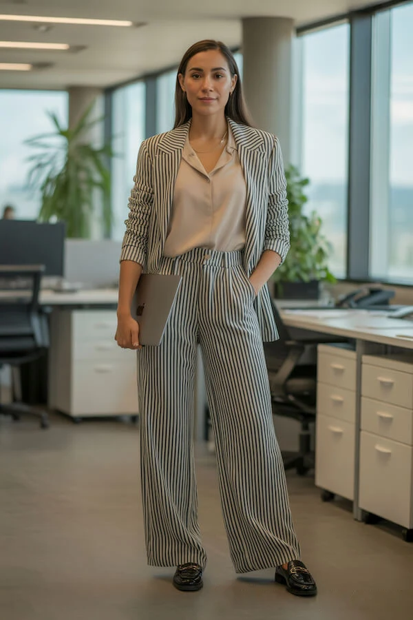 Striped Linen Suit with Beige Silk Blouse Office Look