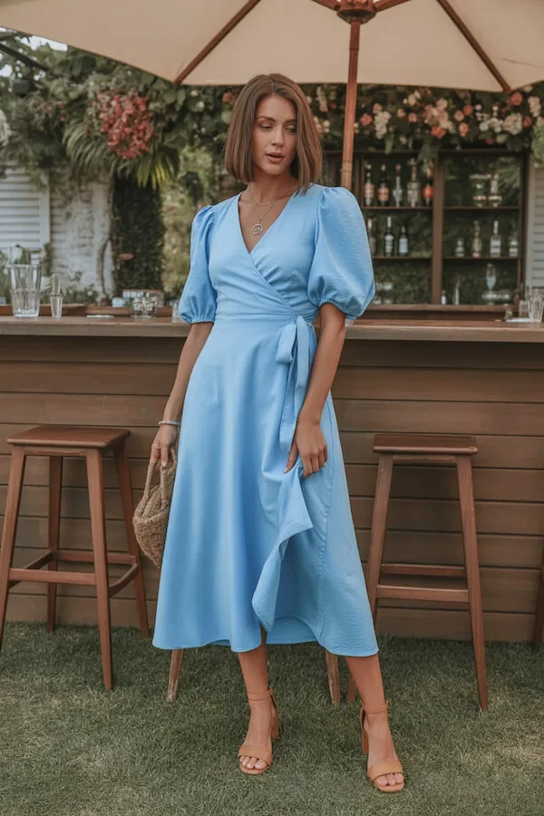 Sky Blue Puff Sleeve Wrap Midi Dress with Ruffle Hem
