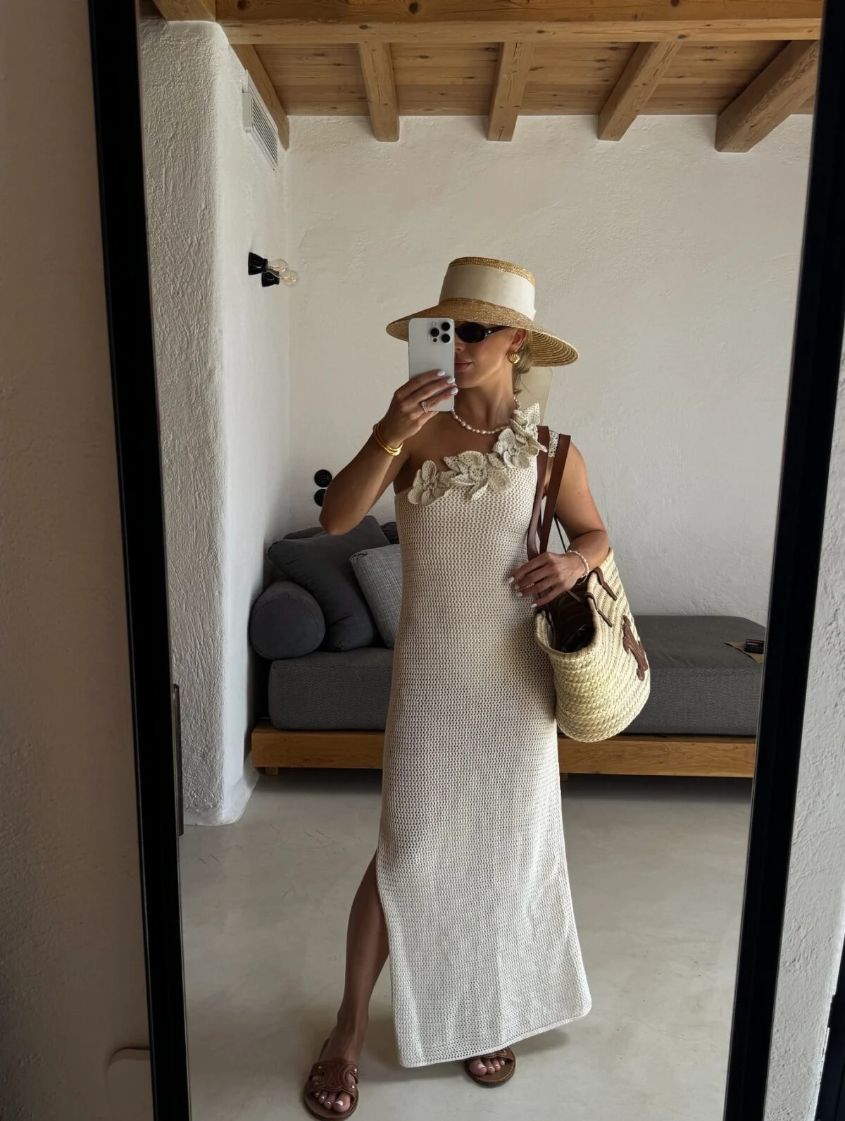 Cream Crochet Maxi Dress Outfit with Straw Hat