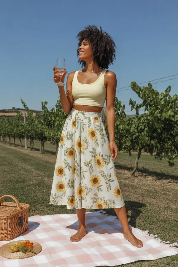 Butter Yellow Crop Top with Sunflower Print Midi Skirt